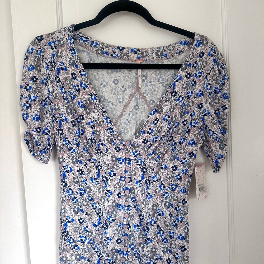 NWT Free People Ivory Floral Blue Blouse